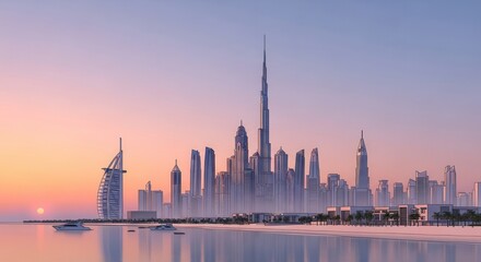 A contemporary city skyline at dawn or dusk showcasing multiple towering buildings a distinctive curved structure and water reflecting a vibrant sky with a low sun
