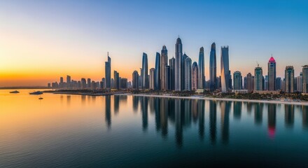 A coastal cityscape at dawn or dusk featuring numerous tall modern buildings reflected in calm water under a sky transitioning from orange to blue