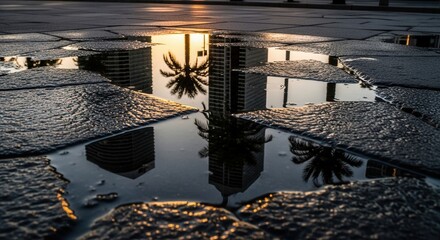 A low-angle view captures urban building and palm tree reflections in sunlit puddles on a dark textured paved walkway at dawn or dusk