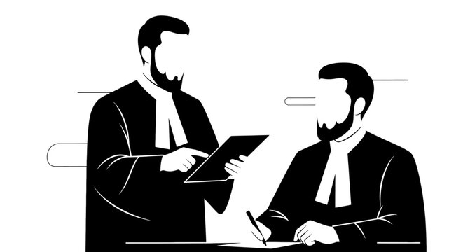 Two lawyers in black robes are discussing a case and signing documents.