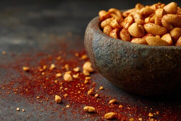 Close-Up of Bowl of Spicy Masala Peanuts with Red Chili Dust
