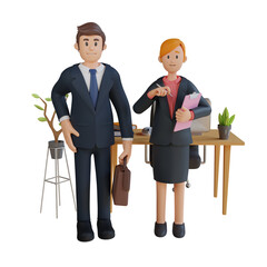 Two Business People in Formal Attire Standing by a Desk with Plants and Laptop on Transparent Background