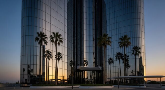 A modern glass building with curved facades reflects palm trees and the warm glow of the setting sun against a blue sky