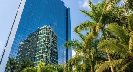 A modern high-rise building with a reflective blue glass exterior reflecting another building stands against a blue sky with vibrant green palm trees in the foreground