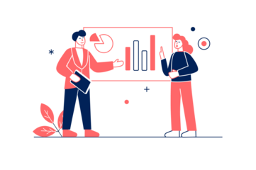 Two Individuals Presenting Bar and Pie Charts with Coral Accents on Transparent Background