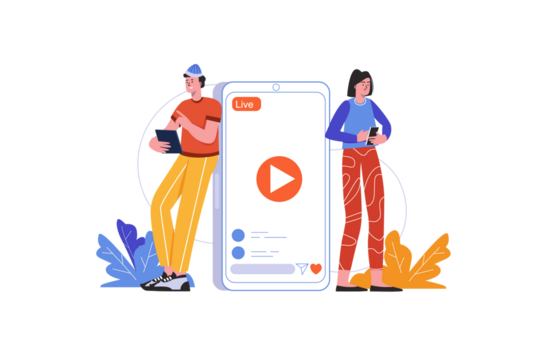 Two Characters Beside Large Screen in Live Streaming Illustration on Transparent Background