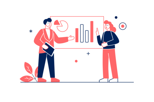 Two Individuals Presenting Bar and Pie Charts with Coral Accents on Transparent Background