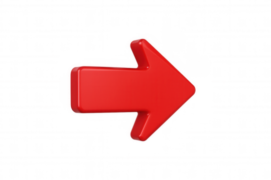 Red 3d glossy arrow pointing right, indicating direction, next step, progression, forward movement, or connection