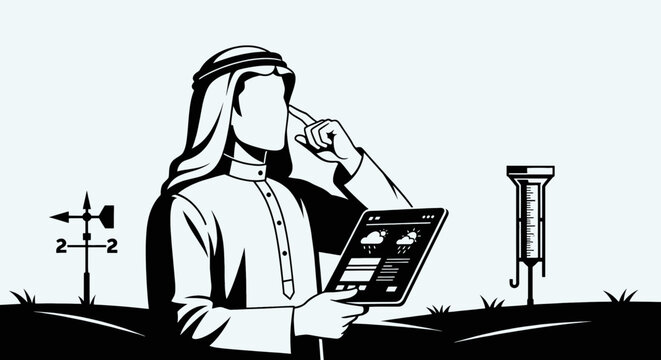 Arab man with weather app on tablet weather vane and rain gauge.