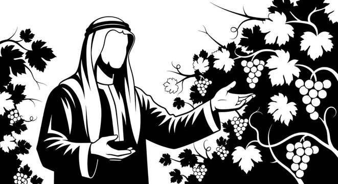 Man in robe with grapes religious figure offering black and white illustration.