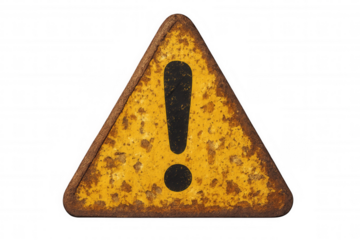 Rusty yellow warning sign with exclamation mark symbol indicating danger, caution, and attention, set on transparent background