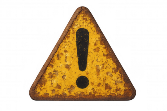 Rusty yellow warning sign with exclamation mark symbol indicating danger, caution, and attention, set on transparent background