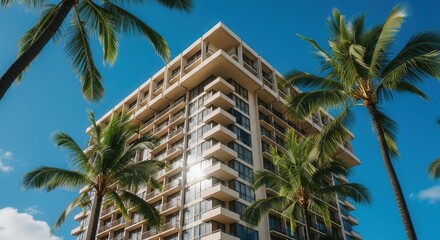 A tall modern building with numerous windows and balconies rises against a clear blue sky framed by several vibrant green palm trees with sunlight glinting off its facade