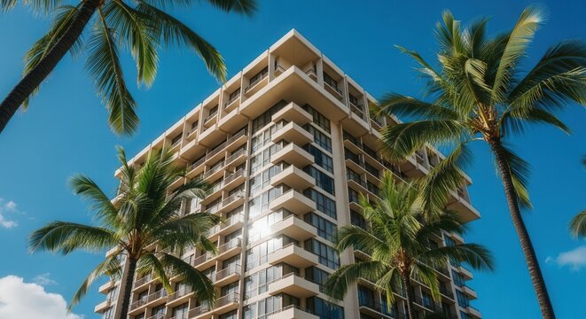 A tall modern building with numerous windows and balconies rises against a clear blue sky framed by several vibrant green palm trees with sunlight glinting off its facade