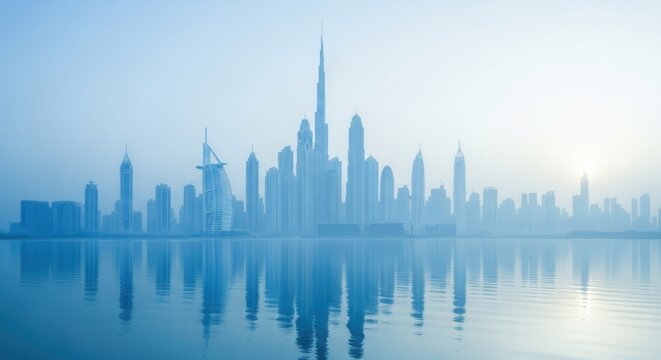 A towering city skyline featuring many skyscrapers and a unique sail-shaped structure reflected in calm waters under a hazy sky with a distant sun