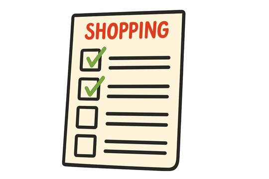 Shopping list with checkmarks. To-do list for grocery shopping and planning. Concept of organization, task management, and completed goals. 3D cartoon vector illustration isolated.