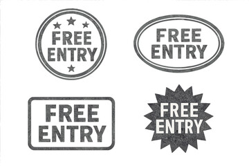 Set of Free Entry rubber stamps. Grunge textured vector illustration. Collection of retro badges, labels and seals for entrance without admission fee. Vintage design elements.