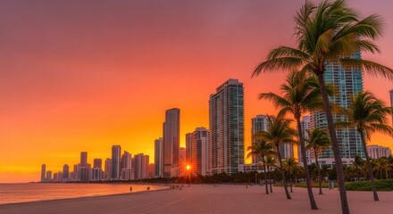 A tropical coastal city skyline at sunset featuring tall modern buildings vibrant orange and pink sky a sandy beach and numerous palm trees silhouetted against the bright horizon