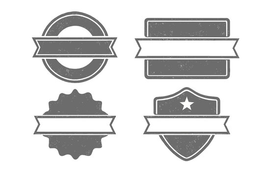 Set of retro grunge badges with banners. Collection of blank vintage emblems. Textured logo templates. Distressed seal and shield shapes for labels, stamps, and icons. Vector.