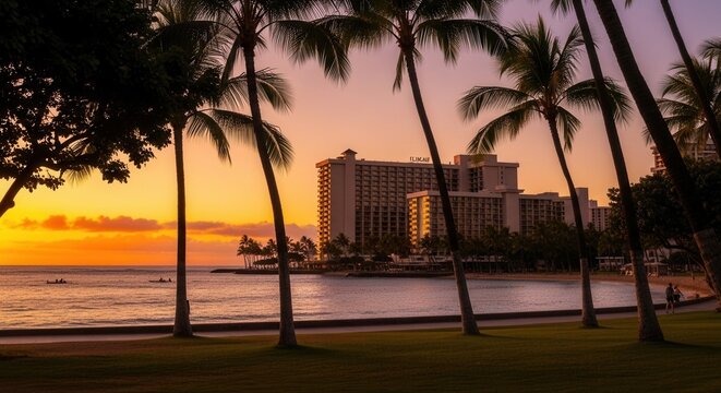 A tropical sunset view across a calm bay featuring silhouetted palm trees distant resort buildings and small boats on the water under a colorful sky - Powered by Adobe