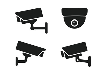 CCTV security camera vector icon set. Surveillance system graphic symbol collection. Video monitoring and safety protection pictogram. Dome and wall mount camera silhouette.