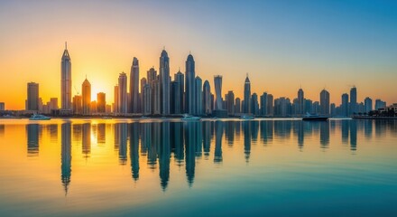 A vibrant city skyline with numerous skyscrapers rises above calm water reflecting the warm glow of a setting sun Several boats are visible on the water