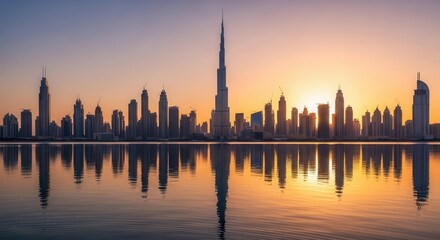 Obraz premium A vibrant cityscape at sunrise featuring numerous tall buildings including a prominent central skyscraper reflected in calm waters below