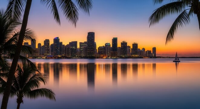 A vibrant city skyline at sunset featuring tall buildings reflecting in calm water framed by tropical palm trees A sailboat drifts on the tranquil surface