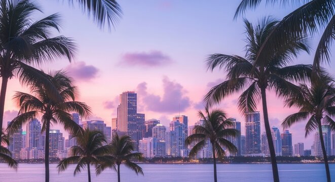 A vibrant cityscape at dusk framed by tropical palm trees overlooking tranquil waters under a sky painted in hues of pink and purple