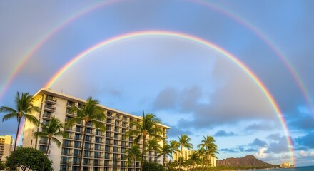 A vibrant double rainbow arches over a tall coastal building with many balconies and lush palm trees with an ocean and a distinct peak visible in the distance under a partly cloudy sky