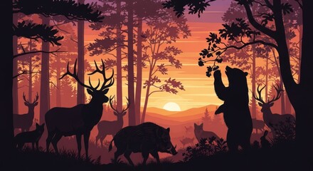 Forest Wildlife Silhouettes at Sunset: Bear, Deer, Wild Boar, , and Rabbit in a Serene Nature Landscape with Vibrant Gradient Sky