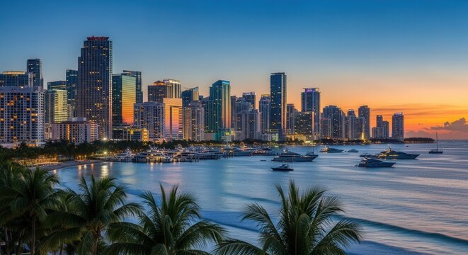 A vibrant cityscape with illuminated buildings at dusk overlooking a bay with numerous yachts and boats framed by tropical palm trees