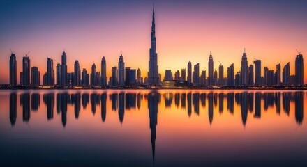 Obraz premium A vibrant sunset illuminates a towering metropolitan skyline with numerous illuminated skyscrapers dramatically reflected in the serene water below