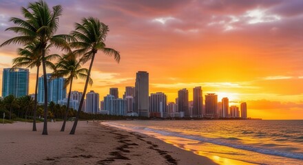 A vibrant sunset illuminates a tropical beach with palm trees and a distant city skyline along the ocean