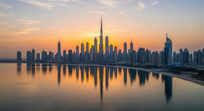 A vibrant sunset illuminates a modern coastal city skyline with numerous towering skyscrapers prominently featuring a central very tall spire building all reflected in the calm waters below
