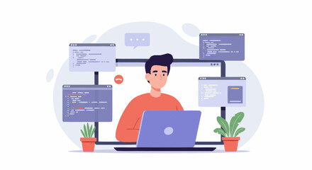Illustration of a man working on a laptop with multiple code windows open, surrounded by plants and a large screen.