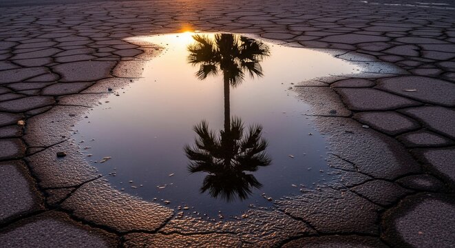 A vibrant sunset reflects a solitary palm tree in a still puddle on a dry cracked asphalt surface illuminated by warm light - Powered by Adobe