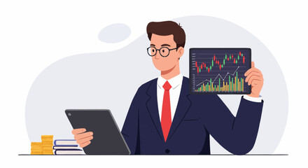 An investor in a suit presents a successful stock market chart with a bullish trend on a tablet.