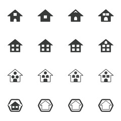 House, linear style icons set. Houses, Apartment building, duplex, key, tree, and modern home. Residential living, real estate, property ownership, urban or suburban housing. 