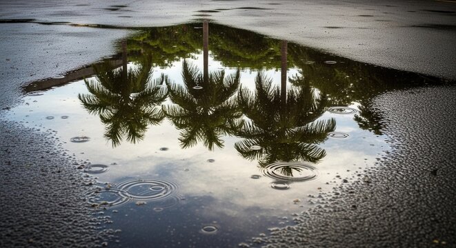 A wet asphalt surface features a large puddle reflecting several palm trees and the sky Raindrops create ripples on the waters surface enhancing the serene post-rain scene