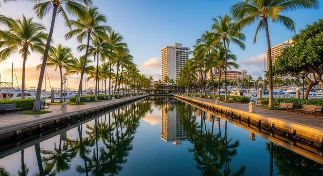 A waterway extends between rows of tropical trees and buildings with boats moored nearby reflecting in still water