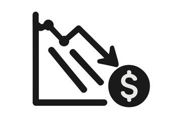 Financial crisis icon, economic recession chart. Market crash graph, investment loss, decreasing value. Dollar cost reduction, bankrupt, inflation rate, budget deficit vector.
