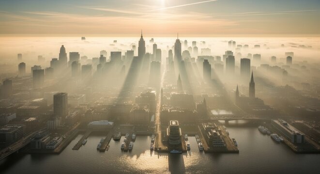 Aerial view of a city at sunrise with skyscrapers emerging from dense fog sunlight piercing through reflecting on a waterfront with boats