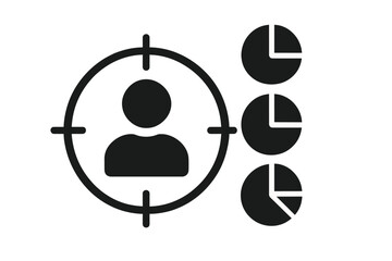 Target audience segmentation for marketing strategy. Customer analysis and market research with consumer data analytics. User profile icon in crosshairs with pie chart diagram.
