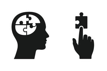Psychology concept with head and puzzle piece. Mental health, memory loss, dementia, Alzheimer's. Problem solving & therapy. Logic, mind, brain. Jigsaw solution icon vector.