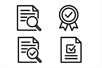 Compliance document and quality control icon set. Vector icons for concepts like inspection, certification, review, and approval. Audit, guarantee, and standard symbols.