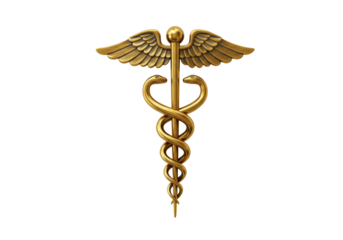 Golden caduceus medical symbol isolated on transparent PNG, healthcare emblem for medicine and pharmacy design projects