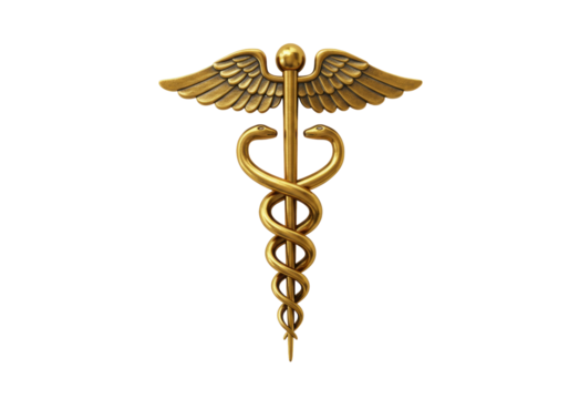 Golden caduceus medical symbol isolated on transparent PNG, healthcare emblem for medicine and pharmacy design projects