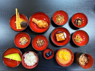 Shojin ryori traditional Buddhist vegetarian meal with local ingredients from Mt Haguro, Yamagata, Japan