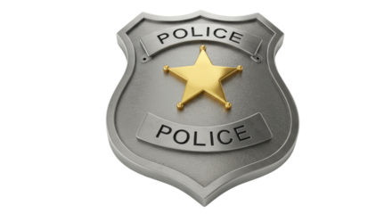 Silver police badge with golden star isolated, law enforcement emblem on transparent background in PNG format for graphic design use